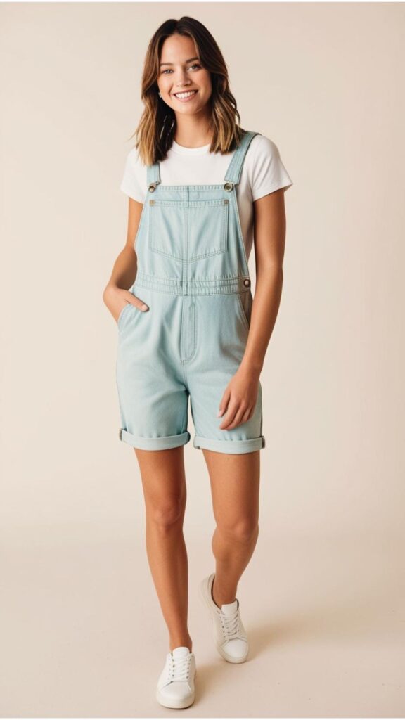 A woman wearing denim jumpsuit shorts with a white t-shirt and sneakers.