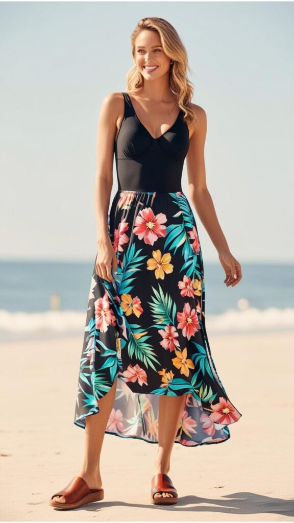 A woman wearing a black one-piece swimsuit with a floral maxi skirt and sandals.