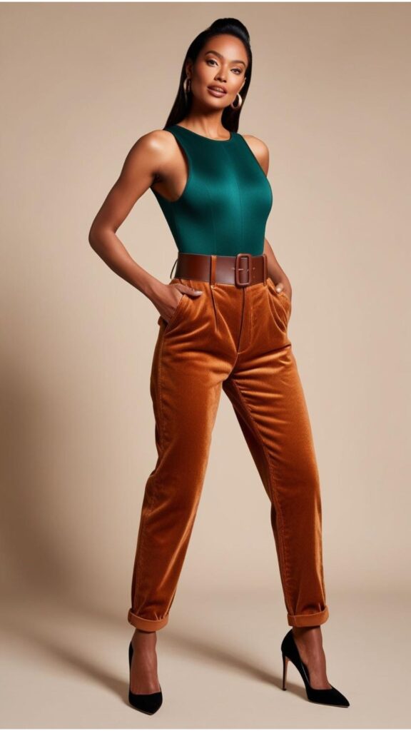 A woman wearing a one-piece bodysuit with high-waisted corduroy pants, a belt, and heels.