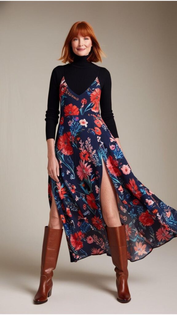 A woman wearing a black turtleneck under a long floral one-piece dress with boots.
