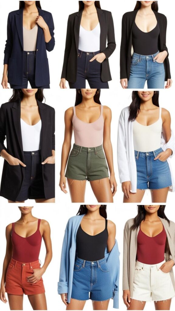 Bodysuit styling: Casual wear with jeans/shorts/skirts, layering under blazers/jackets/cardigans, and tucked into high-waisted bottoms for a polished look.