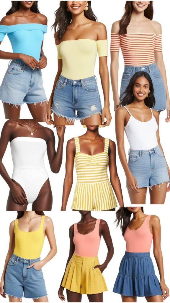 Summer bodysuits: Cool and comfortable in warm weather. Styled with shorts/skirts, off-the-shoulder/sleeveless options, and breathable fabrics like cotton or linen.