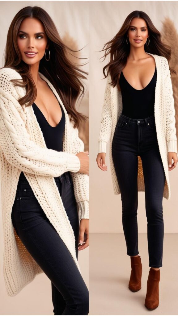 A woman wearing a black one-piece bodysuit with a chunky knit cardigan, high-waisted jeans, and ankle boots.