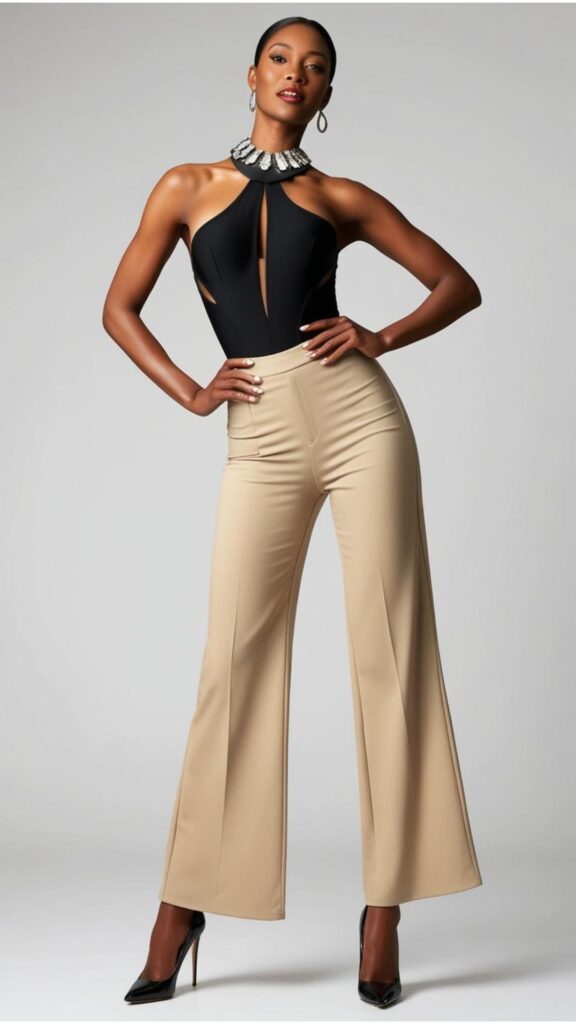 A stunning woman wearing a black one-piece bodysuit with high-waisted beige trousers, heels, and a statement necklace.