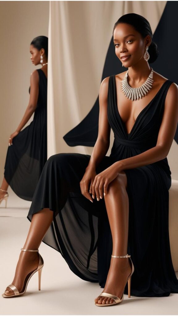 A lovely woman wearing a black maxi dress with heels and a statement necklace.