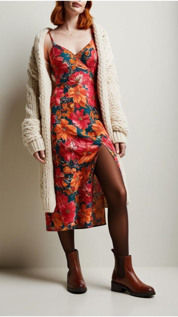 A woman wearing a floral dress with a chunky knit cardigan, tights, and boots.