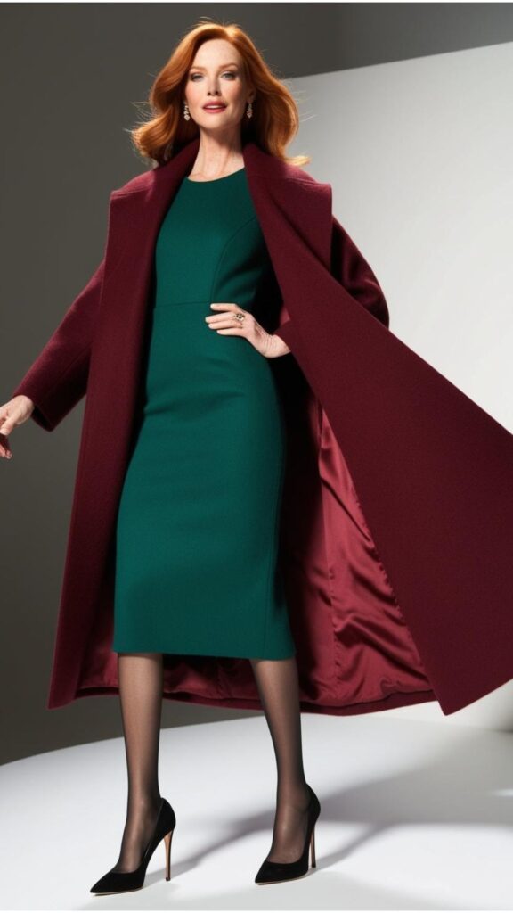 A stunning woman wearing a long coat over a midi dress with tights and heels.