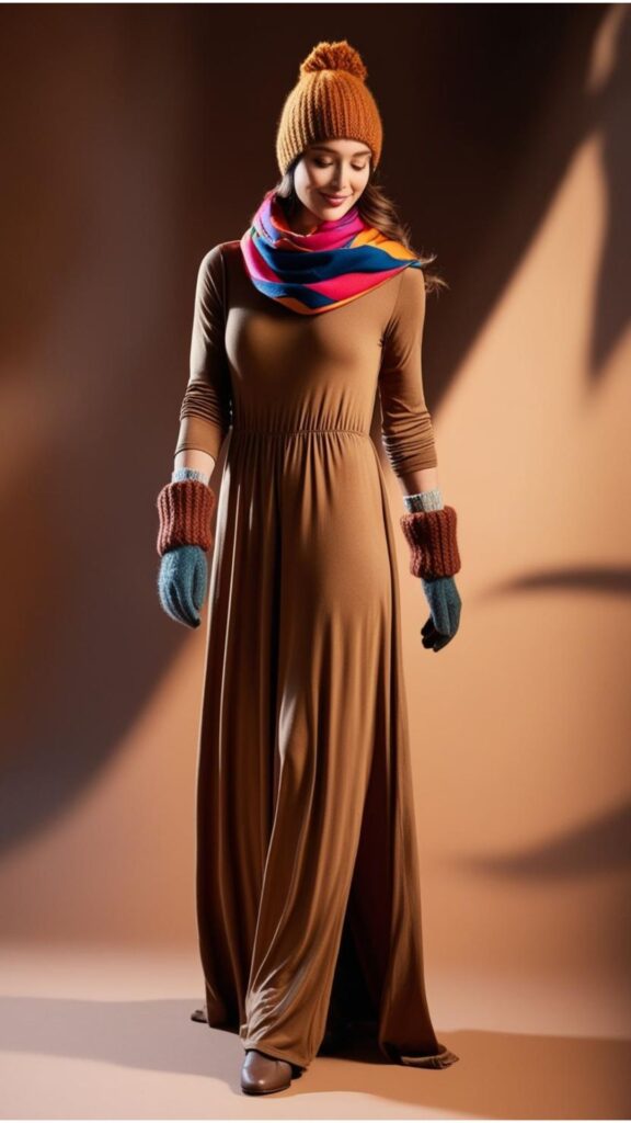A woman wearing a long one-piece dress with a scarf, beanie, and gloves.