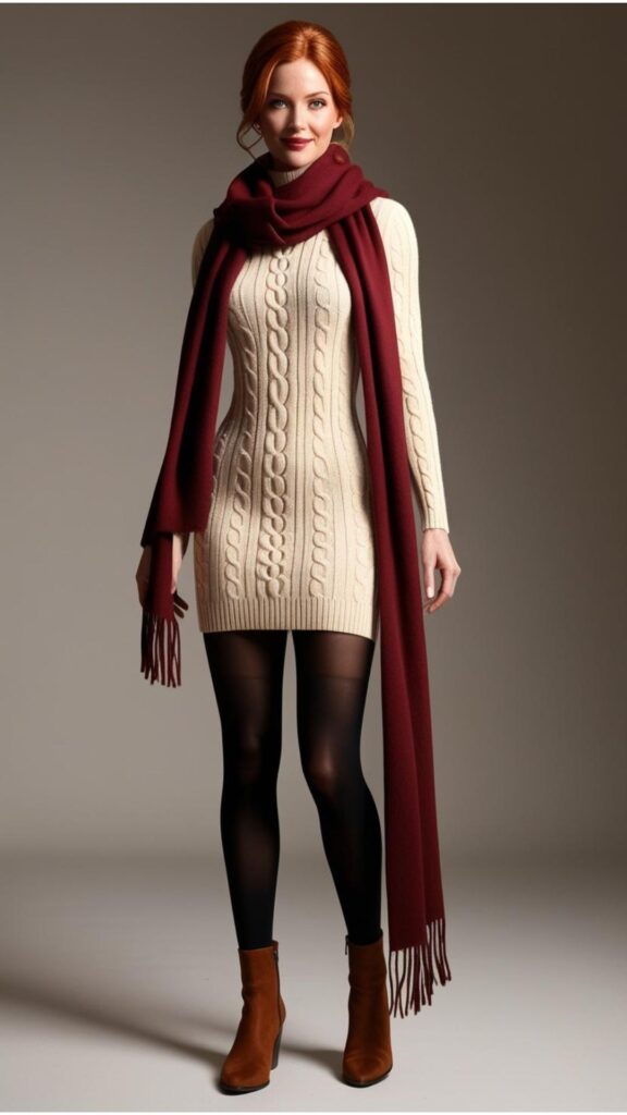 A woman wearing a sweater dress with black tights, ankle boots, and a scarf.