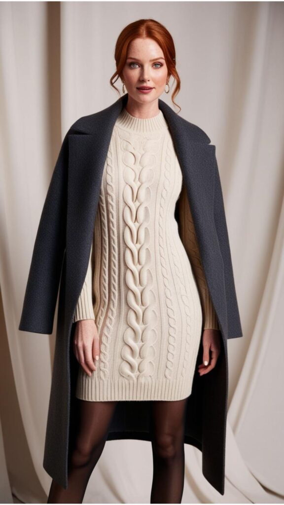 A stunning woman wearing a sweater dress with black tights, ankle boots, and a long coat.