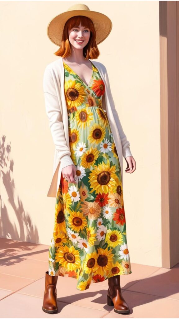 A pretty woman wearing a floral maxi dress with a cardigan, a floppy hat, and brown boots.