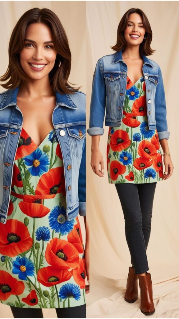 A stunning woman wearing a denim jacket over a floral mini dress with jeans and ankle boots.