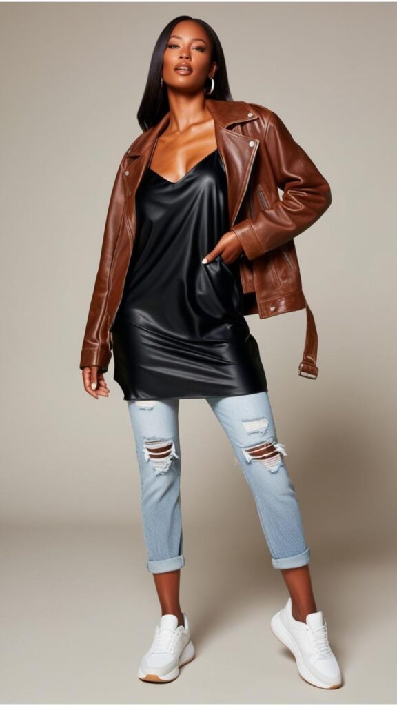A beautiful woman wearing a black slip dress with ripped jeans, sneakers, and a leather jacket.