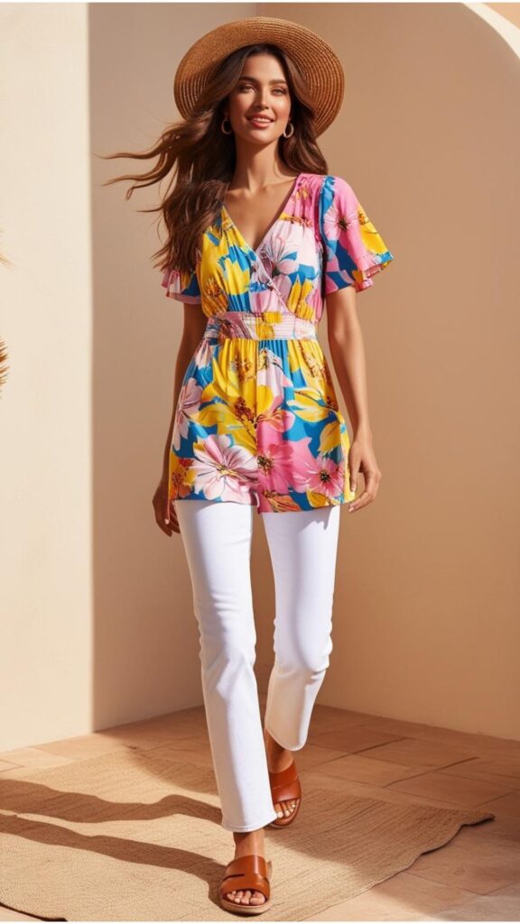 A beautiful woman wearing a floral sundress over white straight-leg jeans, paired with brown sandals and a straw hat.