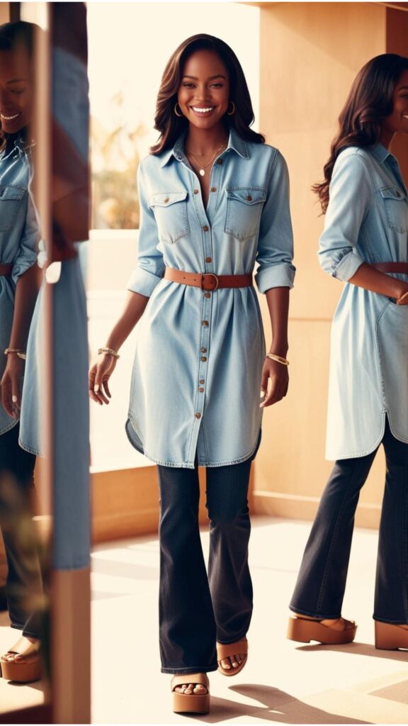 A beautiful woman wearing a denim shirt dress over flared jeans, with a brown belt and platform sandals.