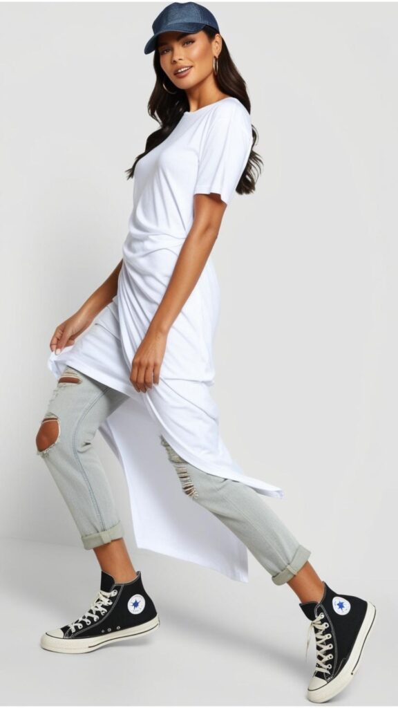 A stunning woman wearing a white t-shirt dress over ripped jeans, with Converse sneakers and a baseball cap.