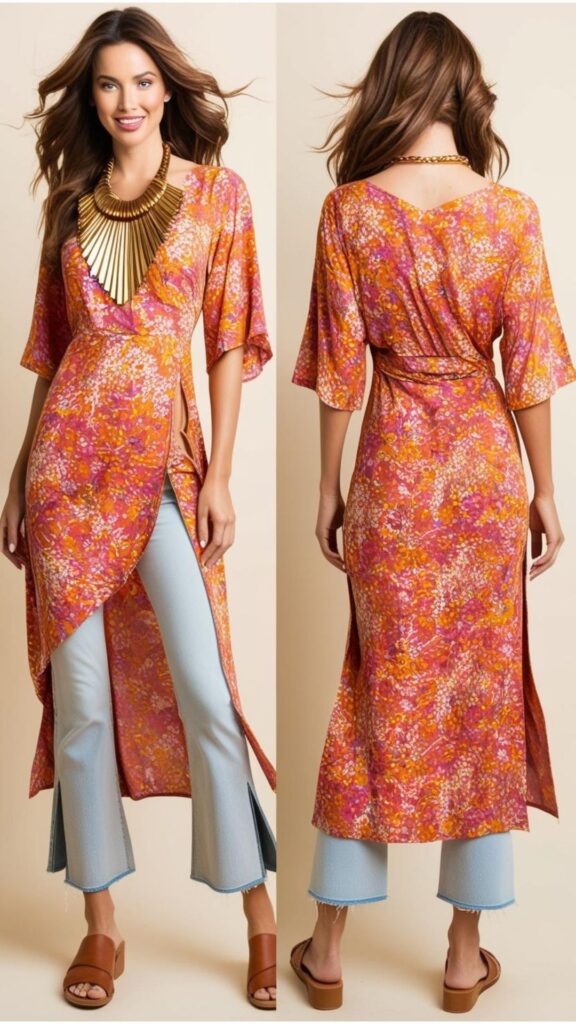 A beautiful woman wearing a printed maxi dress with a side slit over cropped flared jeans, with sandals and a statement necklace.