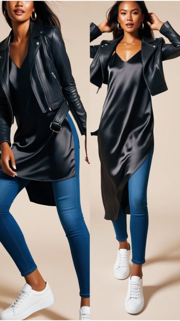 A stunning woman wearing a black slip dress over blue skinny jeans, paired with a leather jacket and white sneakers.