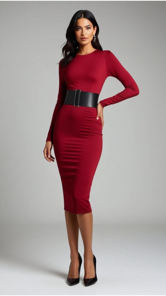 A woman wearing a bodycon dress with a wide black belt and heels.