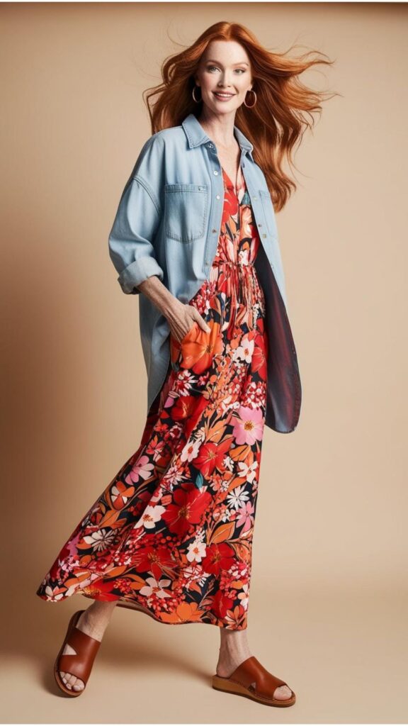 A woman wearing a denim shirt over a floral maxi dress with sandals.