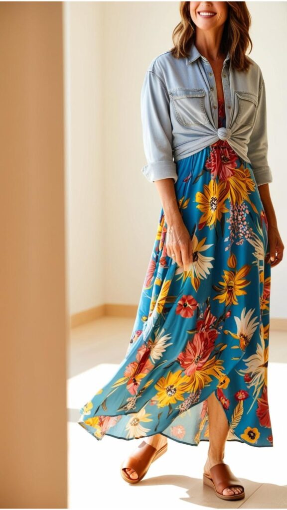 A woman wearing a denim shirt over a floral maxi dress with sandals.