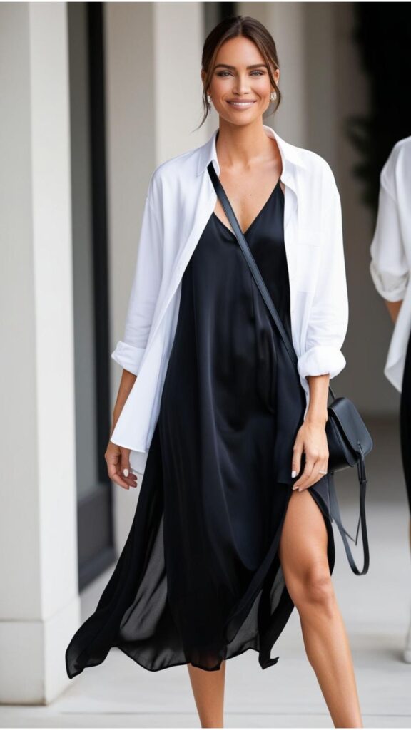 A beautiful woman wearing a white button-down shirt under a black slip dress with sneakers and a crossbody bag.