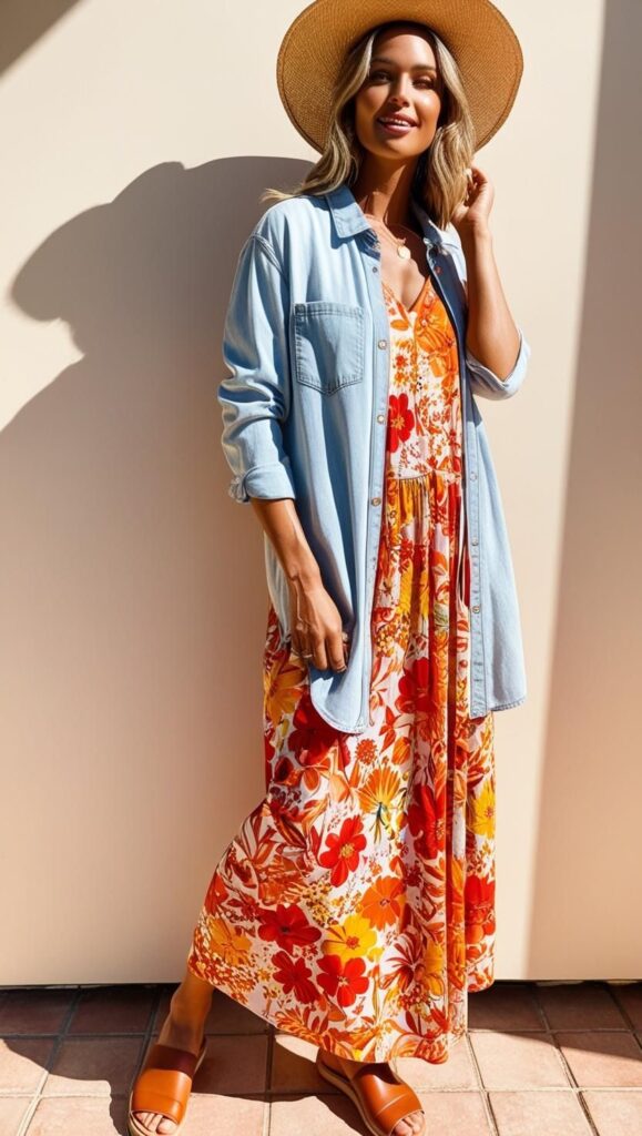 A woman wearing a denim shirt over a floral maxi dress with sandals and a straw hat.