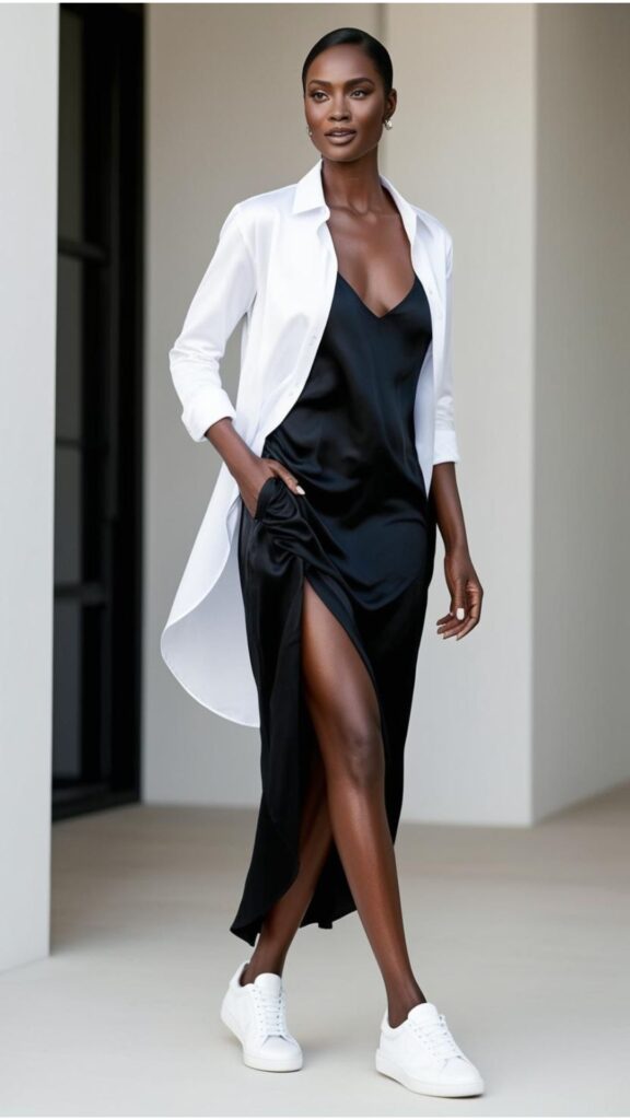 A stunning woman wearing a white button-down shirt under a black slip dress with sneakers.