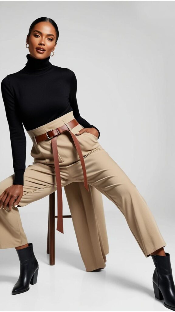 A stunning woman wearing a black turtleneck under a beige jumpsuit with a belt and ankle boots.