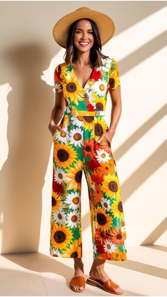 A woman wearing a floral jumpsuit with flat sandals and a straw hat.