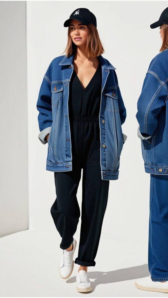 A woman wearing a black jumpsuit with a denim jacket, sneakers, and a baseball cap.