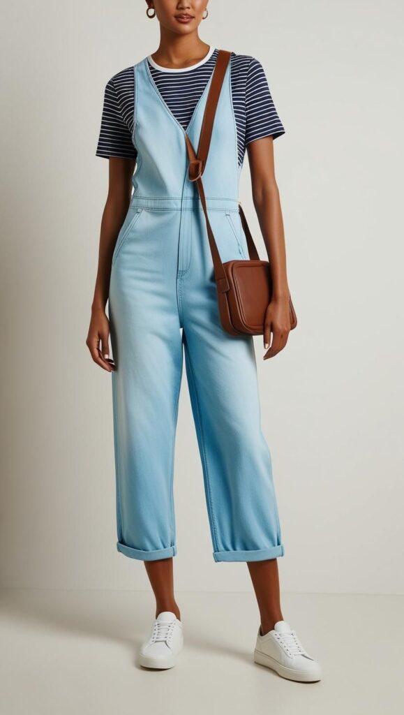A stunning woman wearing a denim jumpsuit with white sneakers, a striped t-shirt, and a crossbody bag.