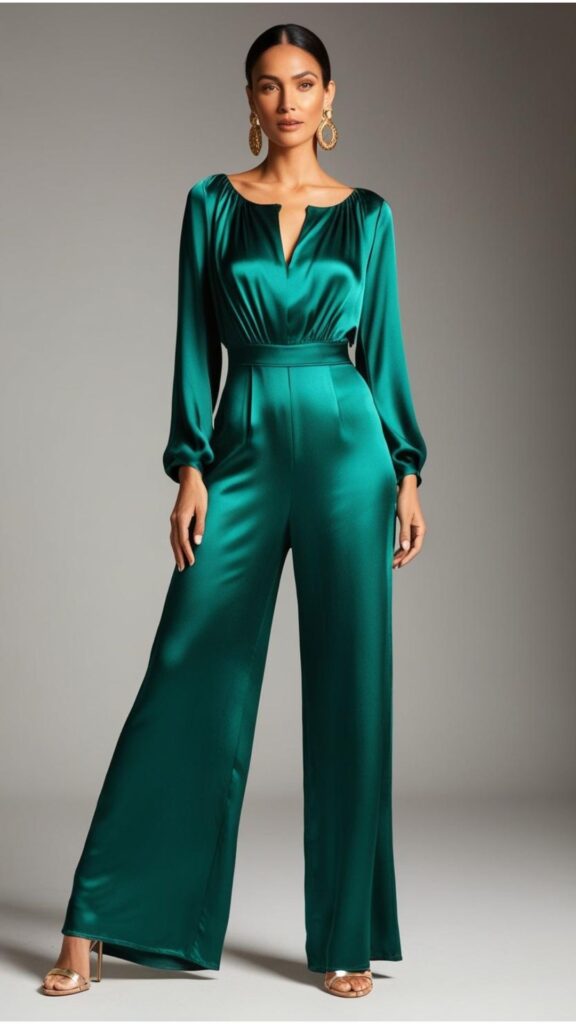 A woman wearing a silk jumpsuit with a plunging neckline, statement earrings, and heels.