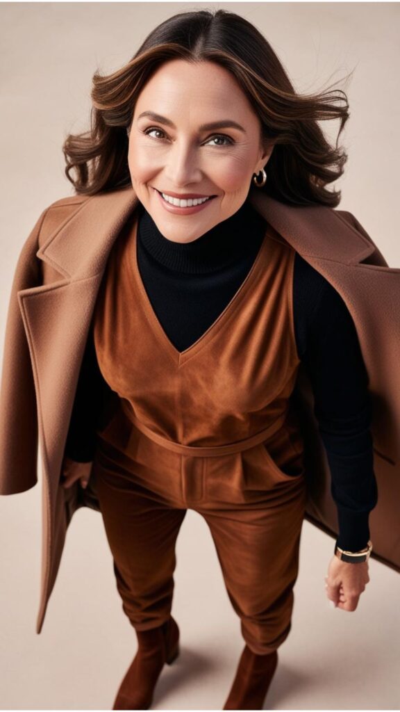 A lovely woman wearing a black turtleneck under a brown jumpsuit with ankle boots and a coat.