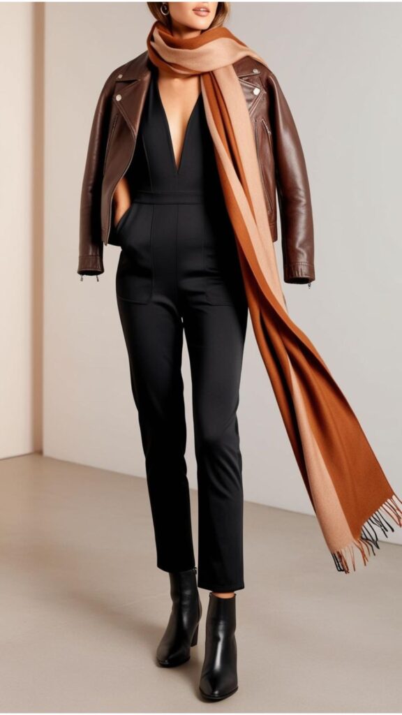 A woman wearing a black one-piece jumpsuit with a brown leather jacket, a scarf, and ankle boots.