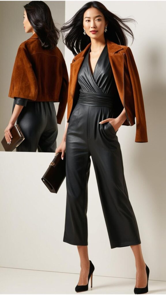 A lovely woman wearing a black jumpsuit with a brown suede jacket, heels, and a clutch bag.