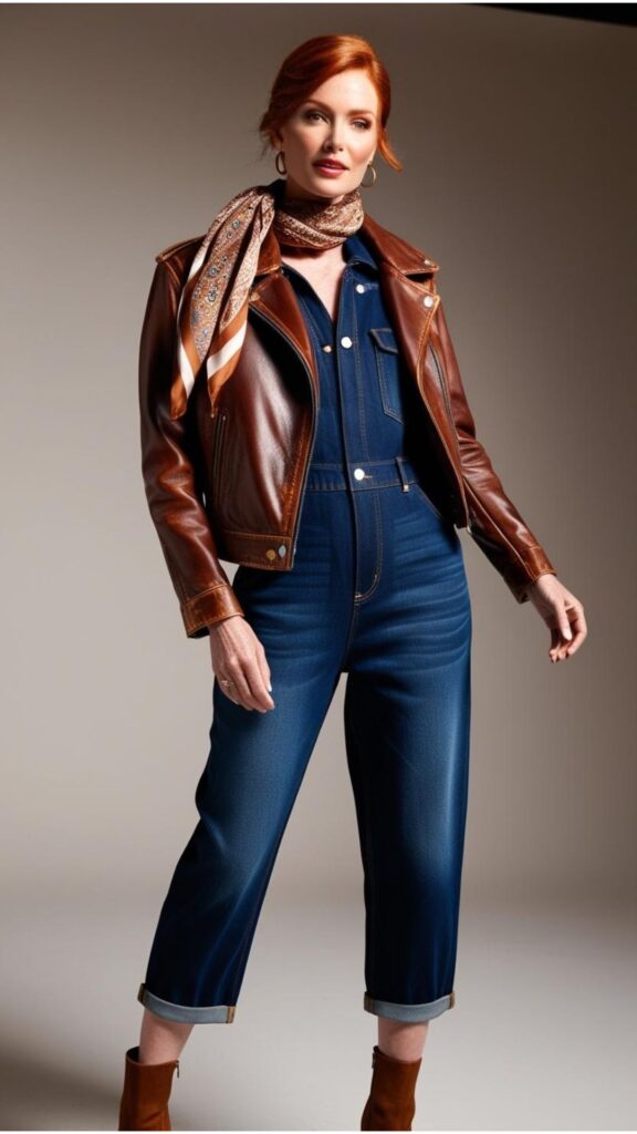 A stunning woman wearing a denim jumpsuit with a brown leather jacket, ankle boots, and a scarf.