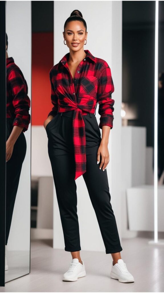 A stunning woman wearing a plaid shirt tied around her waist over a black jumpsuit with sneakers.