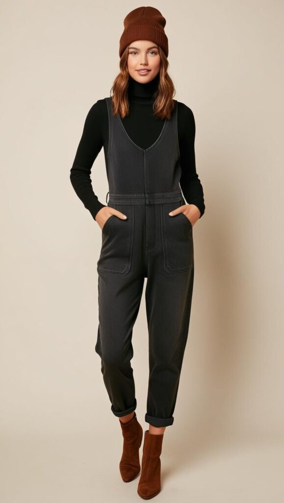 A woman wearing a black turtleneck under a denim jumpsuit with ankle boots and a beanie.