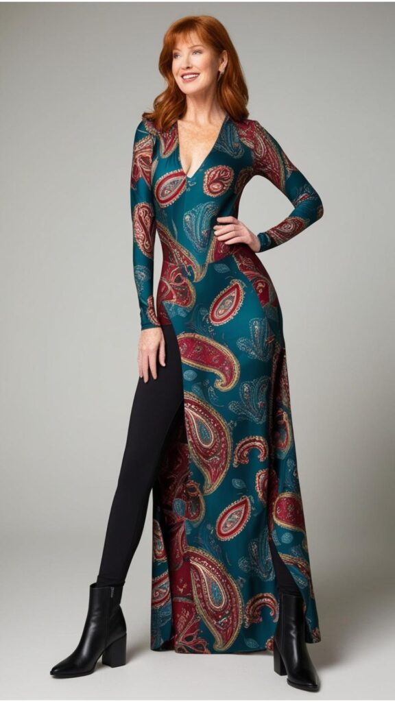 A woman wearing a long bodysuit with a printed pattern over black leggings and ankle boots.