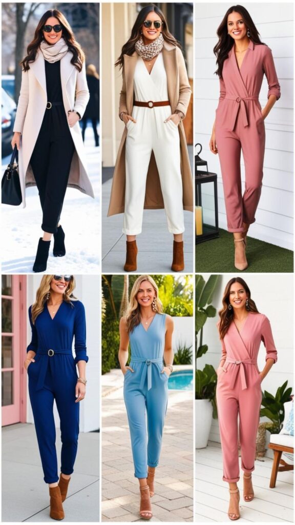 Long-sleeve jumpsuits: Year-round versatility. Layer with coats/scarves in winter, chic on their own for summer evenings. Accessorize with belts or rolled sleeves.