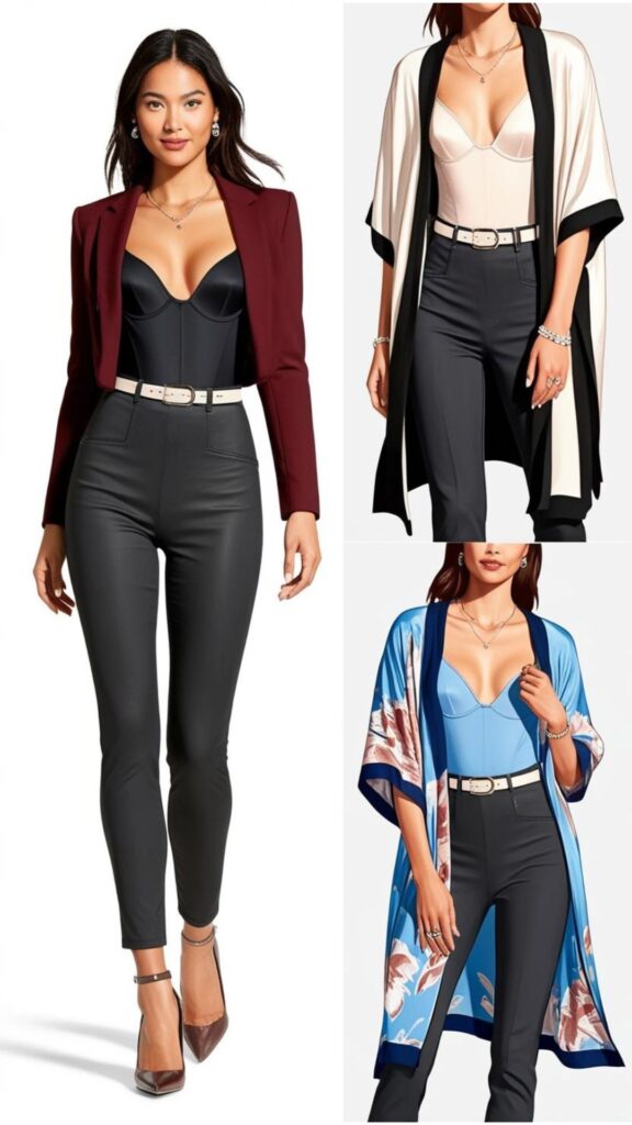 Short bodysuit styling: Flattering with high-waisted bottoms, layered with jackets/cardigans/kimonos, and accessorized with belts, jewelry, and complementary shoes.