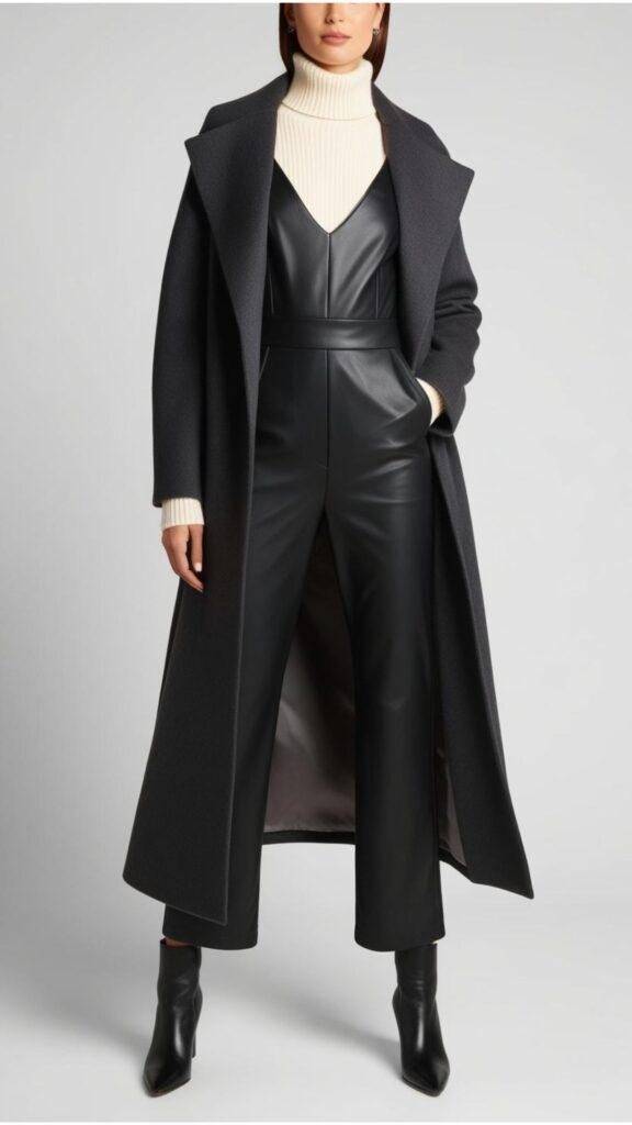 A woman wearing a black jumpsuit with a cream turtleneck sweater, a long coat, and ankle boots.