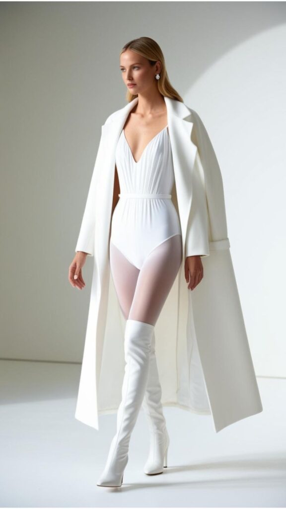 A woman wearing a white one-piece dress with a white coat, white tights, and white boots.