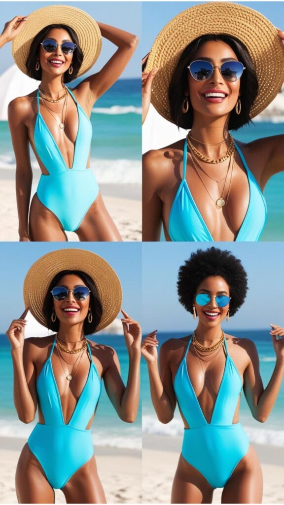 Confident woman in a stylish one-piece swimsuit.  Accessorizing and experimenting with different looks for fun.