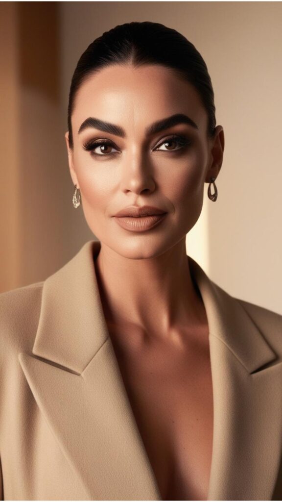 A woman with thick, well-defined eyebrows, a subtle smoky eye, and a skin tone lip color.