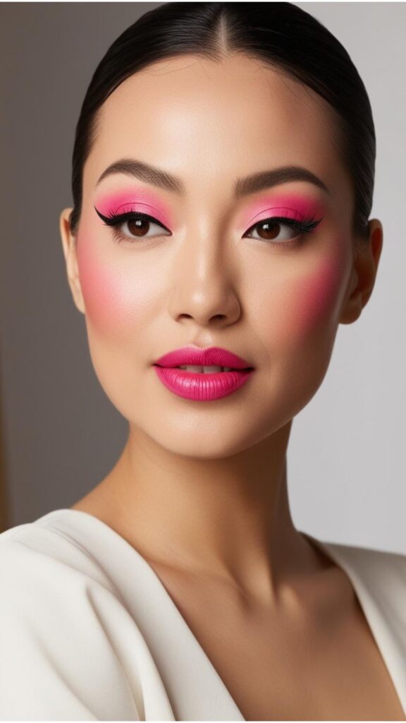 A woman with a bright pink blush, a winged eyeliner, and a skin tone lip color.