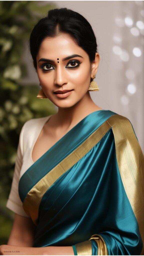 A woman with kohl-rimmed eyes, a skin tone lip color, and a simple bindi.