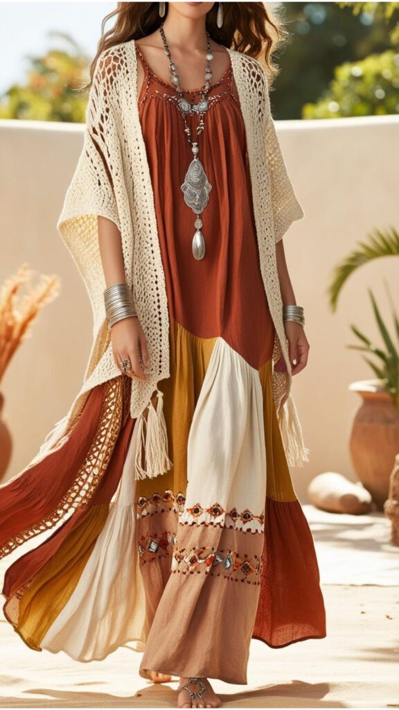 Bohemian fashion embraces natural fabrics, earthy tones, flowing silhouettes, and layered textures. It blends global influences with vintage and handmade pieces for a unique, free-spirited style.