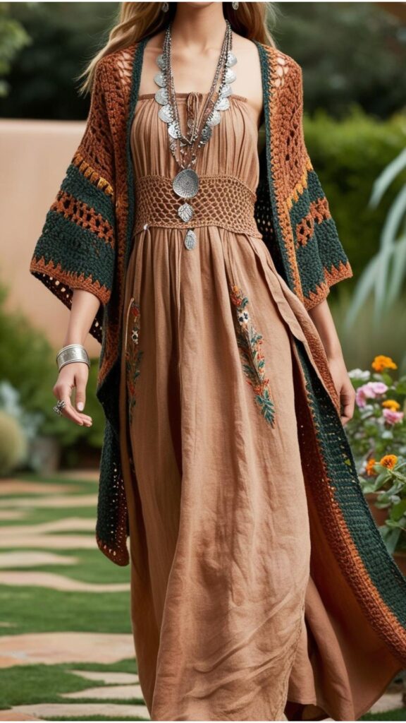 Bohemian fashion embraces natural fabrics, earthy tones, and flowing silhouettes. Layered textures, global influences, and vintage or handmade pieces define the aesthetic.